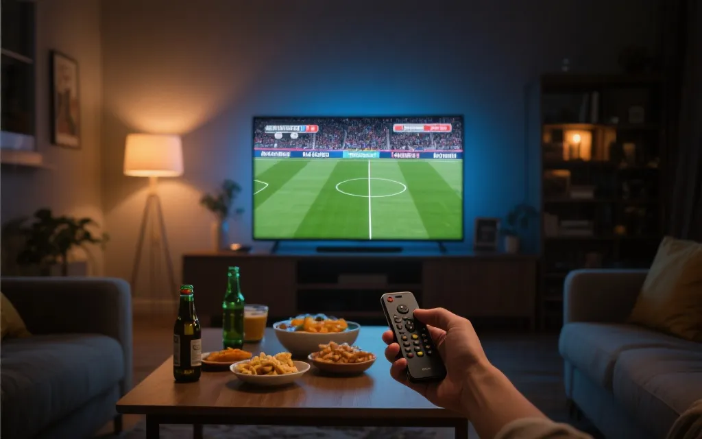 客厅大屏与手机小屏组合观赛的温暖家庭场景