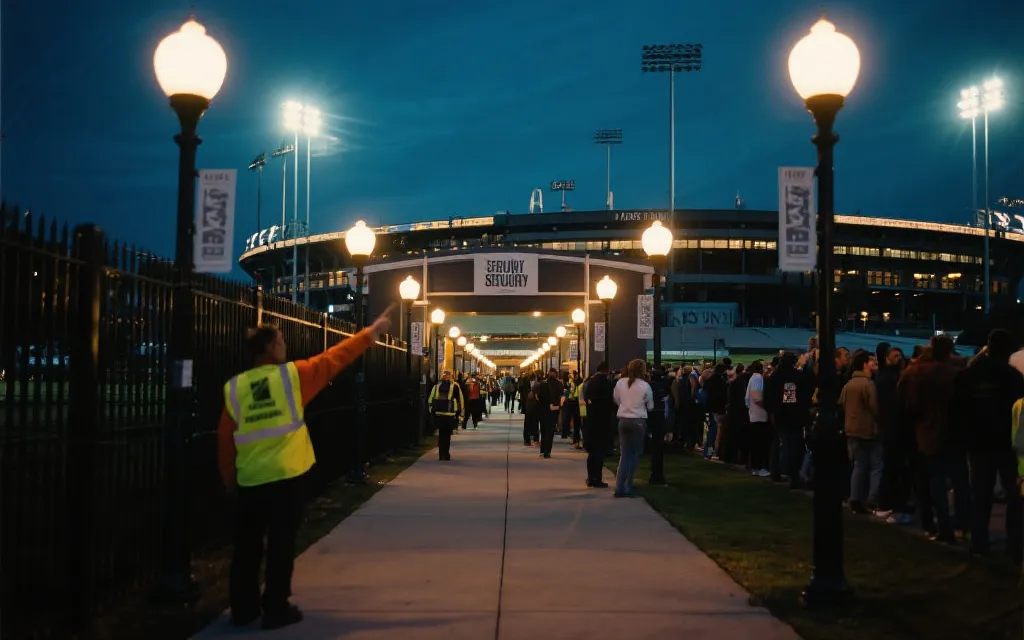 球场外步行通道与安检入口导向,夜间明亮且人流有序