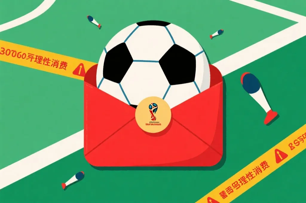象征世界杯红包的红色信封与足球元素相结合,带有警示性与理性消费的视觉感